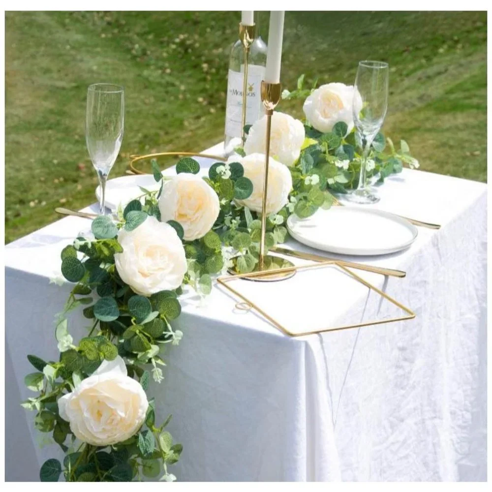 Hanging Eucalyptus Garland with 6 Ivory Champagne Roses Vine Flower Decor ~ NEW